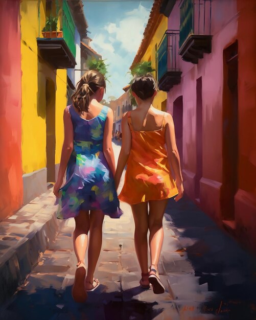 Obraz przedstawiający dwie kobiety idące ulicą trzymające się za ręce.