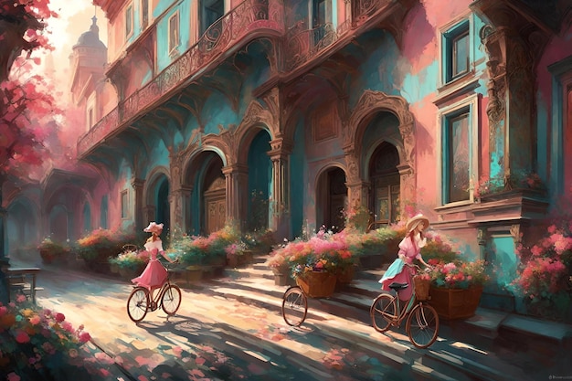 Obraz przedstawiający dwie kobiety jadące na rowerach przed budynkiem z różowym dachem.