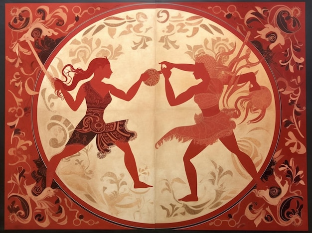 Obraz przedstawiający dwie osoby tańczące, a jedna z nich trzyma piłkę.