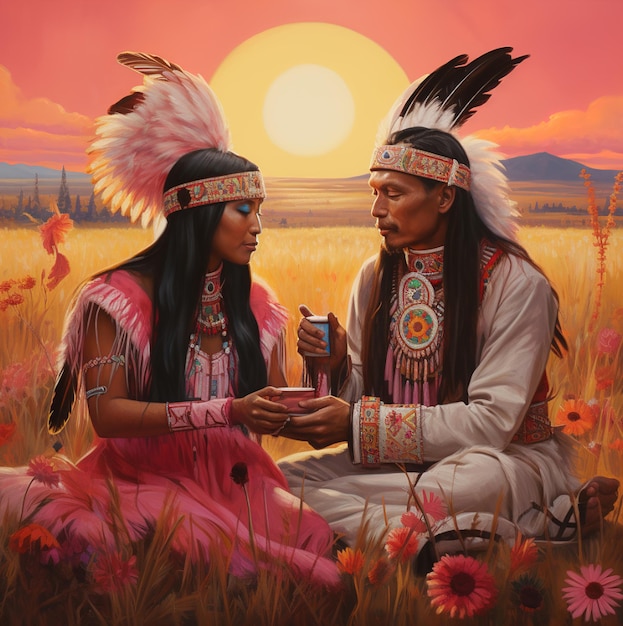 obraz przedstawiający dwie osoby w strojach tubylczych i napis „rdzenni Amerykanie” na dole.