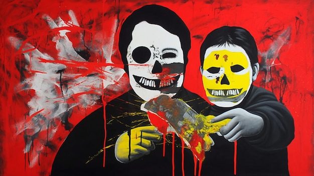 Obraz przedstawiający dwie osoby z czaszkami na twarzach i napisem „el dorado”.