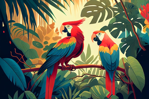 Obraz przedstawiający dwie papugi siedzące na gałęzi w dżungli.
