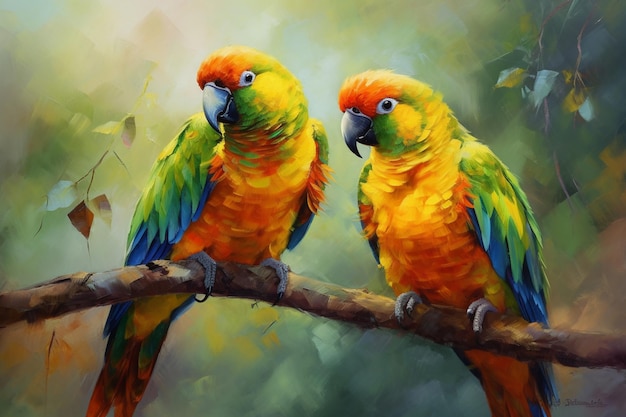Obraz przedstawiający dwie papugi siedzące na gałęzi.