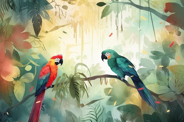 Obraz przedstawiający dwie papugi w dżungli.