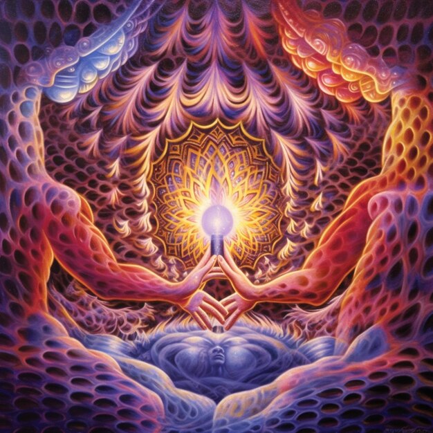 Zdjęcie obraz przedstawiający dwie ręce trzymające światło w psychodelicznej przestrzeni generatywnej ai