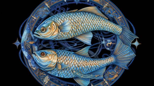 Obraz przedstawiający dwie ryby na kole z napisem Wodnik na dole.