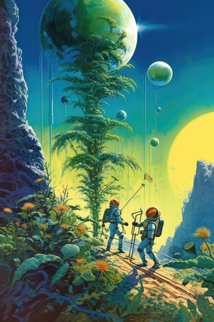 Obraz przedstawiający dwóch astronautów spacerujących po zielonym krajobrazie z planetą w tle