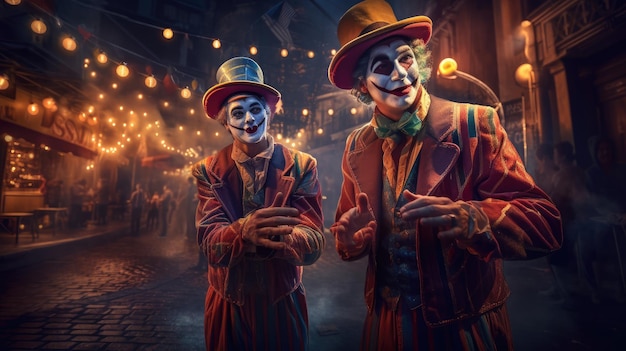 Obraz przedstawiający dwóch klaunów przed napisem „żartownik”