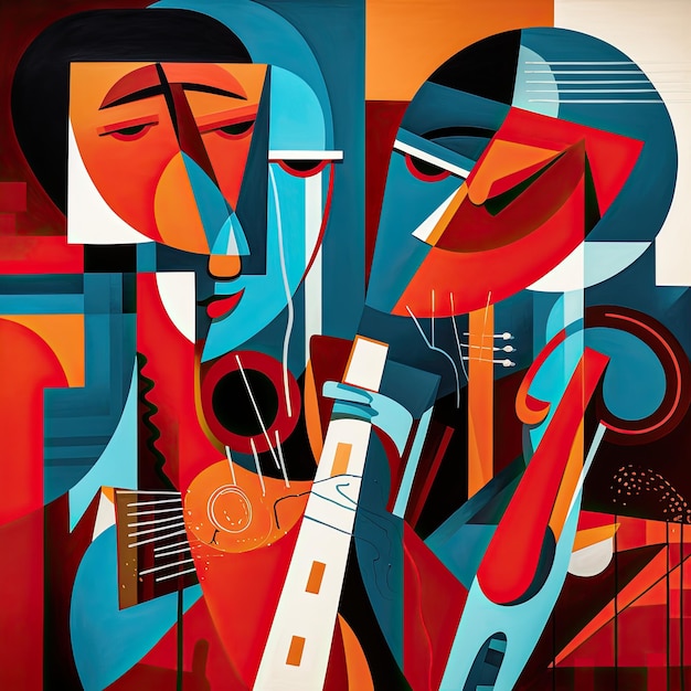 Obraz przedstawiający dwóch mężczyzn grających na instrumentach z saksofonem.