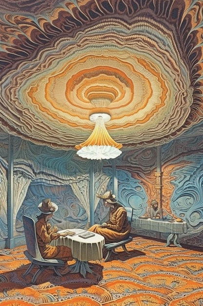 Zdjęcie obraz przedstawiający dwóch mężczyzn siedzących przy stole w pokoju z dużym sufitem w kształcie kopuły.