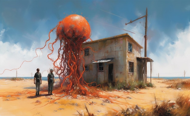 obraz przedstawiający dwóch mężczyzn stojących przed domem z gigantycznym pomarańczowym obiektem generatywnym AI