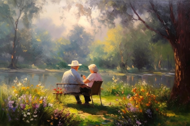 Obraz przedstawiający dwóch starszych mężczyzn siedzących na ławce w parku generatywnym ai
