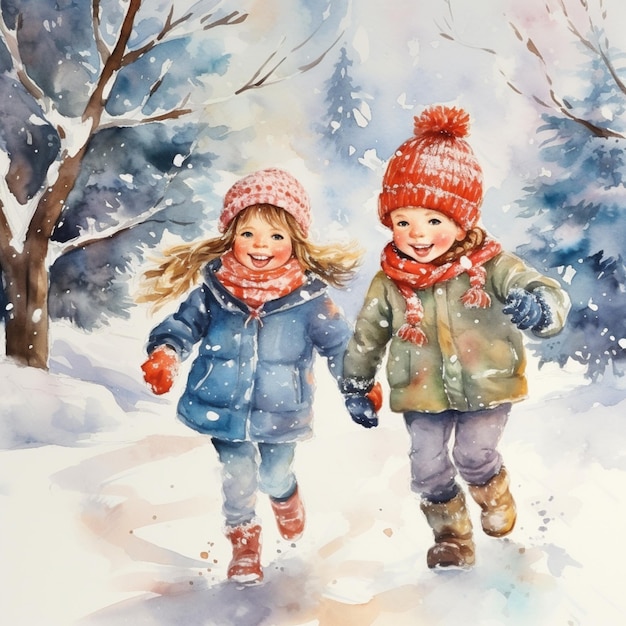 Zdjęcie obraz przedstawiający dwójkę dzieci spacerujących po śniegu w czapkach i rękawiczkach generatywnych ai