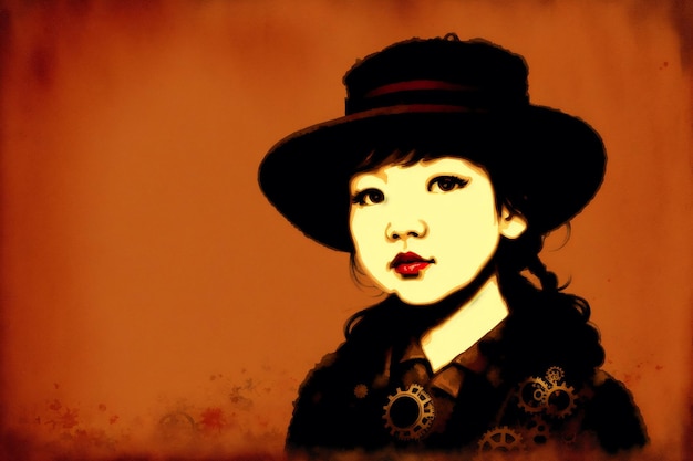 Obraz przedstawiający dziewczynę w czarnym kapeluszu i czerwoną wstążką.