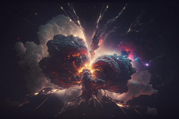 Obraz przedstawiający eksplozję z czarnym tłem i żarówką pośrodku.