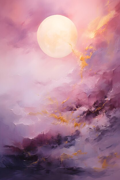 obraz przedstawiający fioletowe niebo podczas pełni księżyca Malarstwo przedstawiające księżyc