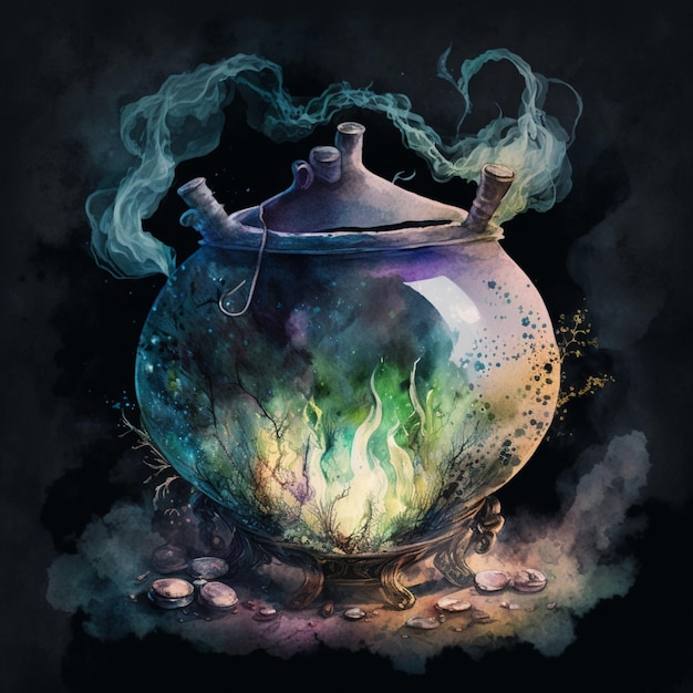 Obraz przedstawiający garnek, z którego wydobywa się przydymiony niebieski dym.
