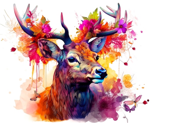 Obraz przedstawiający głowę jelenia z kolorowymi tropikalnymi kwiatami dzikiej przyrody Ilustracja zwierząt Generative AI