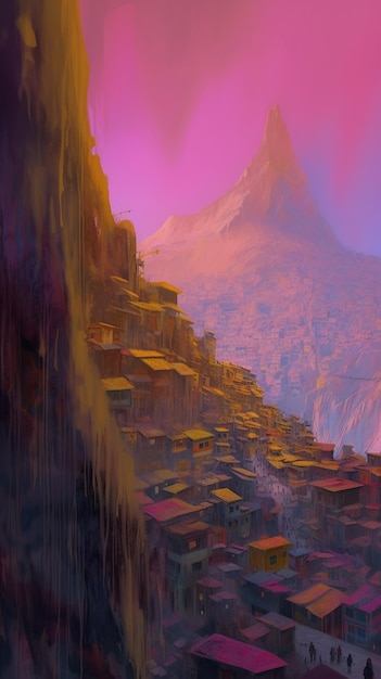 Obraz przedstawiający górską wioskę z górą w tle.
