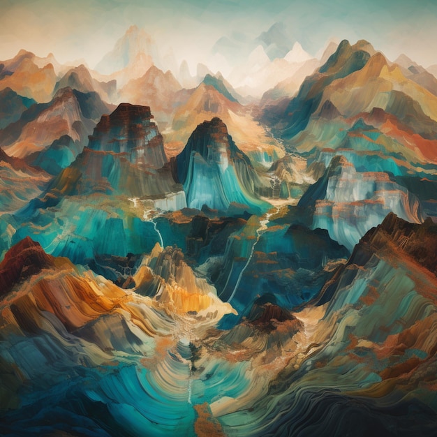 Obraz przedstawiający górski pejzaż z błękitnym niebem i rzeką pośrodku.