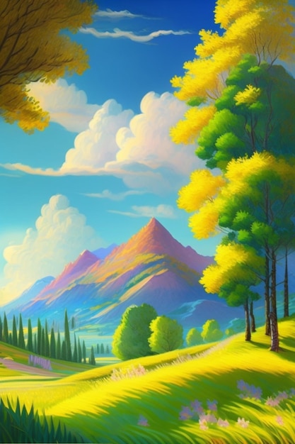 Obraz przedstawiający górski pejzaż z drzewami i górami w tle.