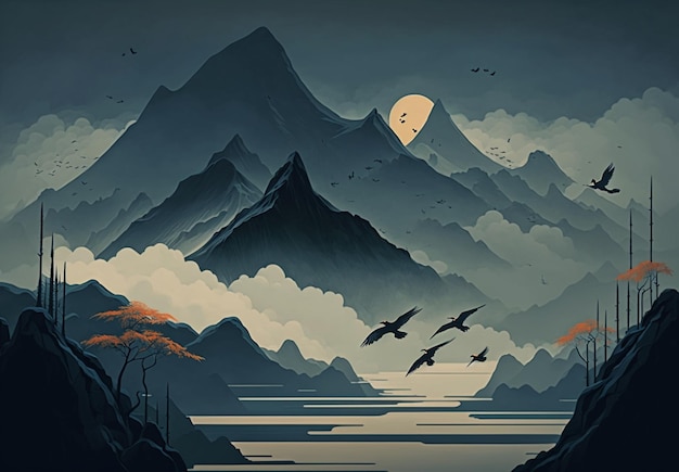 Obraz przedstawiający górski pejzaż z górą i lecącym nad nią ptakiem.