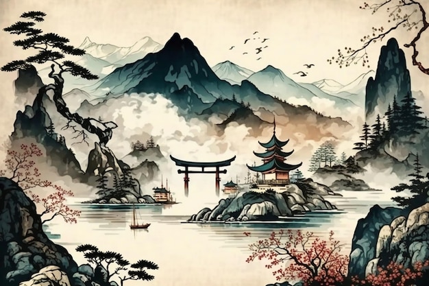 Obraz przedstawiający górski pejzaż z japońskim pejzażem.