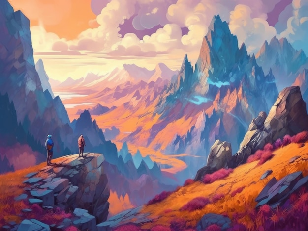 Obraz przedstawiający górski pejzaż z mężczyzną stojącym na jego skraju.