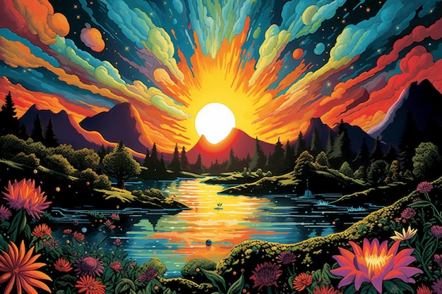 Obraz przedstawiający górski pejzaż z zachodem słońca w tle.
