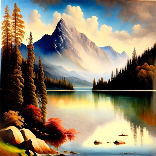 Obraz przedstawiający górskie jezioro z górą w tle.