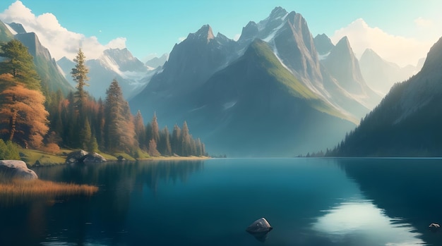 obraz przedstawiający górskie jezioro z łodzią na pierwszym planie.