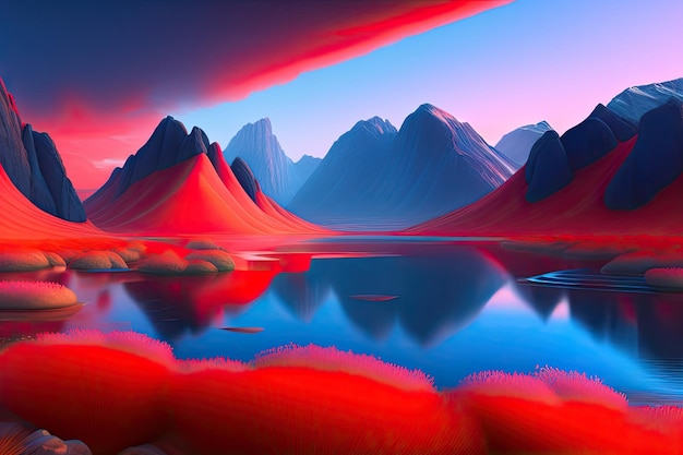 Obraz przedstawiający góry czerwoną farbą i rozświetlone niebo.