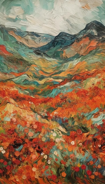 Obraz przedstawiający góry i dolinę z górą w tle.