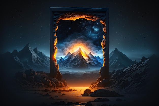 Obraz przedstawiający góry i drzwi z napisem „góra”