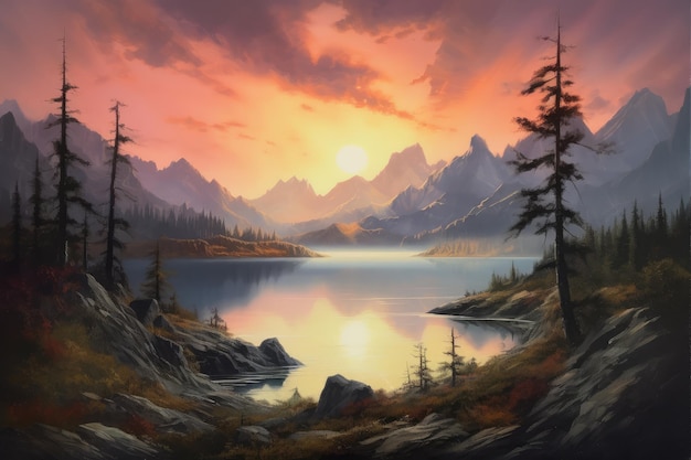 Obraz przedstawiający góry i jezioro z ai generującą zachód słońca
