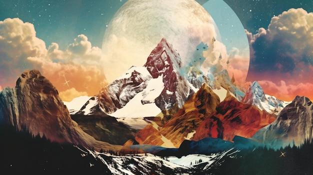 Obraz przedstawiający góry i planetę z księżycem w tle