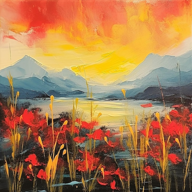 Obraz przedstawiający góry i zachód słońca z czerwonymi kwiatami