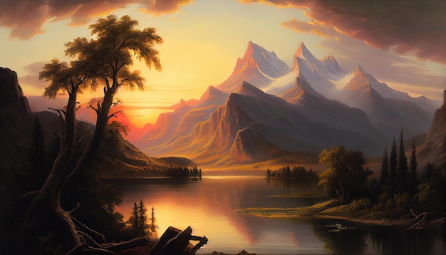Obraz przedstawiający góry i zachód słońca z zachodem słońca w tle.