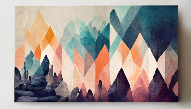 Obraz przedstawiający góry z kolorowym wzorem z napisem „góra”
