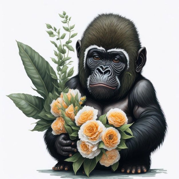 Obraz przedstawiający goryla trzymającego kwiaty z napisem „szympans”.
