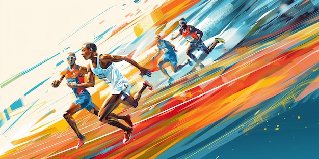 Obraz przedstawiający grupę mężczyzn zaangażowanych w dynamiczne bieganie w stylu olimpijskim