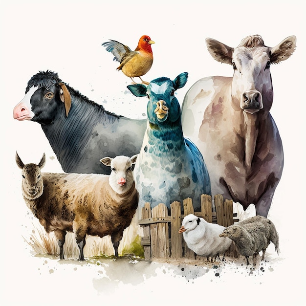 Obraz przedstawiający grupę zwierząt, w tym krowę, ptaka, ptaka i płot.
