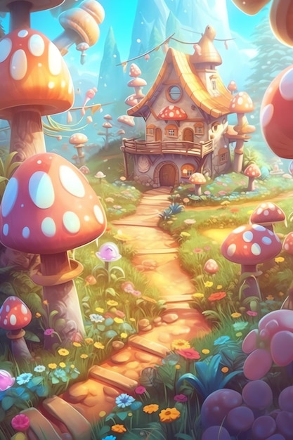 Zdjęcie obraz przedstawiający grzybowy dom w lesie i prowadzącą do niego ścieżkę.