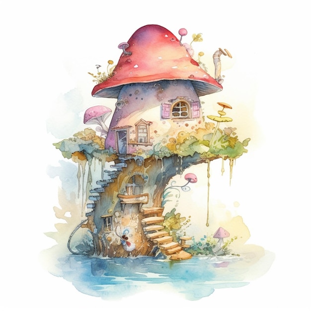 Obraz przedstawiający grzybowy dom z grzybowym domem na górze.
