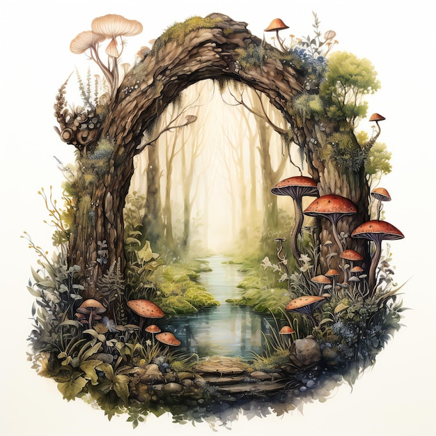 obraz przedstawiający grzyby i grzyby w lesie ze stawem w tle.