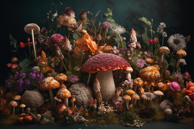 Obraz przedstawiający grzyby i kwiaty na ciemnym tle.