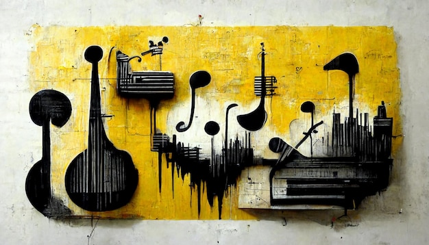 Obraz przedstawiający instrumenty muzyczne z napisem „muzyka”.