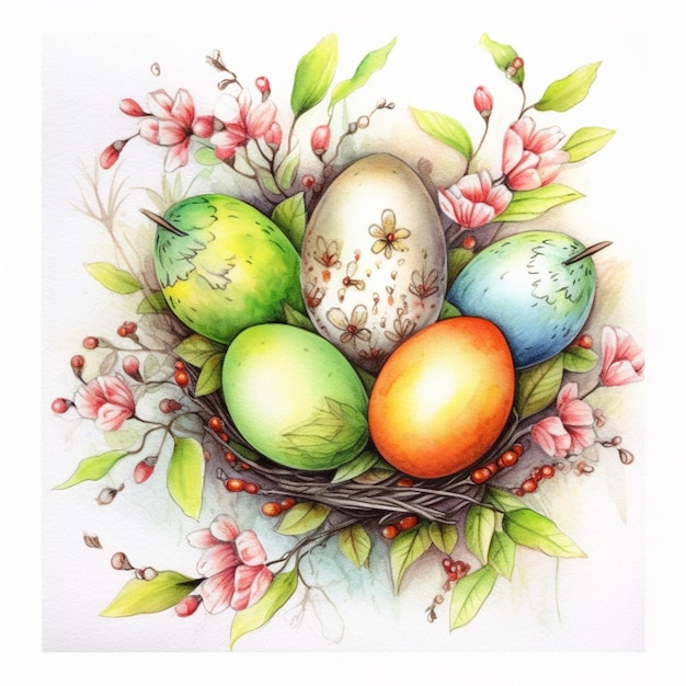 Obraz przedstawiający jajka w gnieździe z kwiatami i pluskwą.