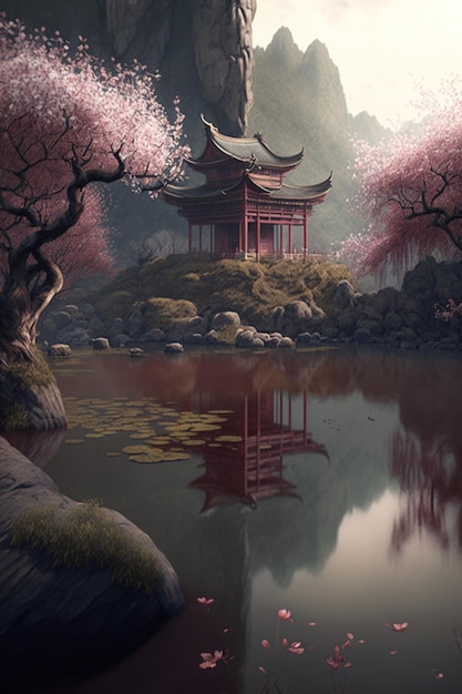 Obraz przedstawiający japońską świątynię ze stawem i drzewem z różowymi kwiatami.