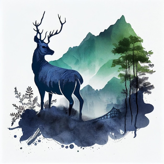 Obraz przedstawiający jelenia na tle gór.